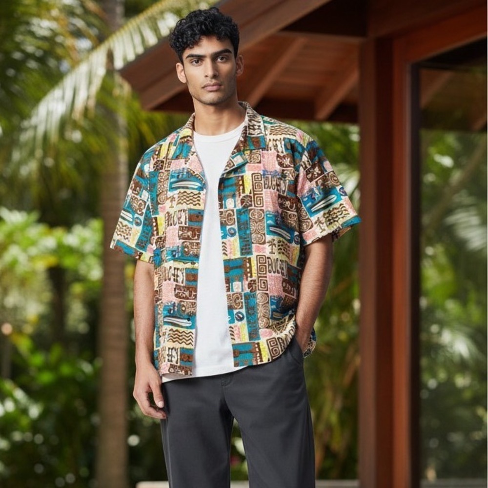 Bucees‎ Mens Tiki Hawaiian Shirt 2025 Surfboard Ukulele Print Blue Brown LG